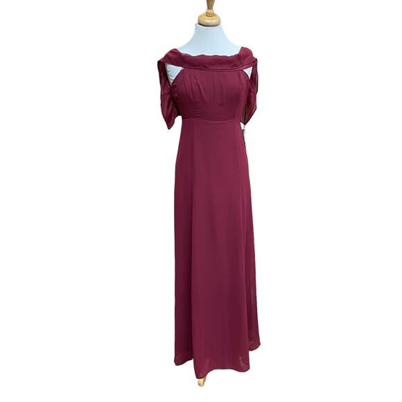 NWT! Lulus Burgundy Chiffon Off-the-Shoulder Prom Formal Maxi Dress  D8895 - Picture 2 of 15
